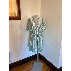 Feather Bed Intimates VTG Mint Green Blue Robe Short Sleeve Floral Jacquard Lace